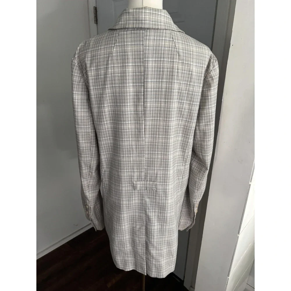 Free People Blazer Womens Medium Gray Plaid Double Breasted Relaxed‎ Longline